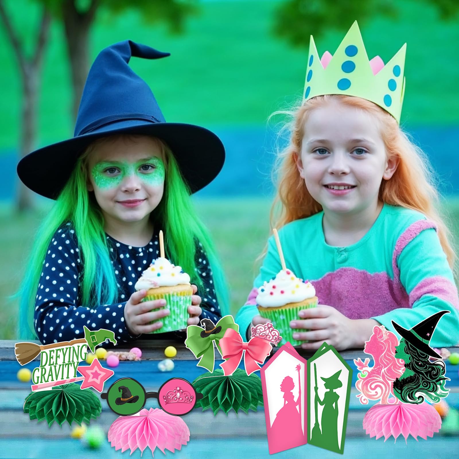 AMZFAVOR Witch Theme Party Decorations — 10 Pink & Green Honeycomb Centerpieces