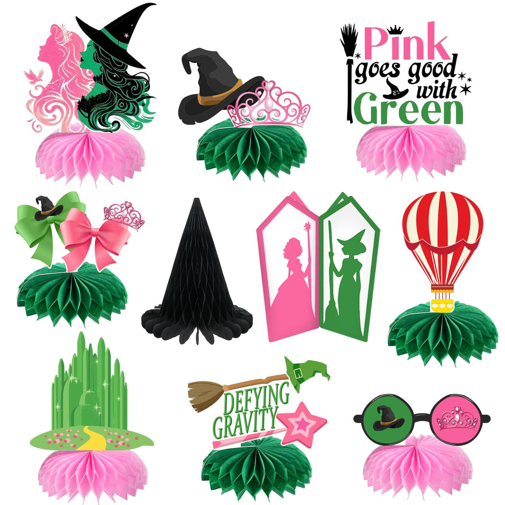 AMZFAVOR Witch Theme Party Decorations — 10 Pink & Green Honeycomb Centerpieces