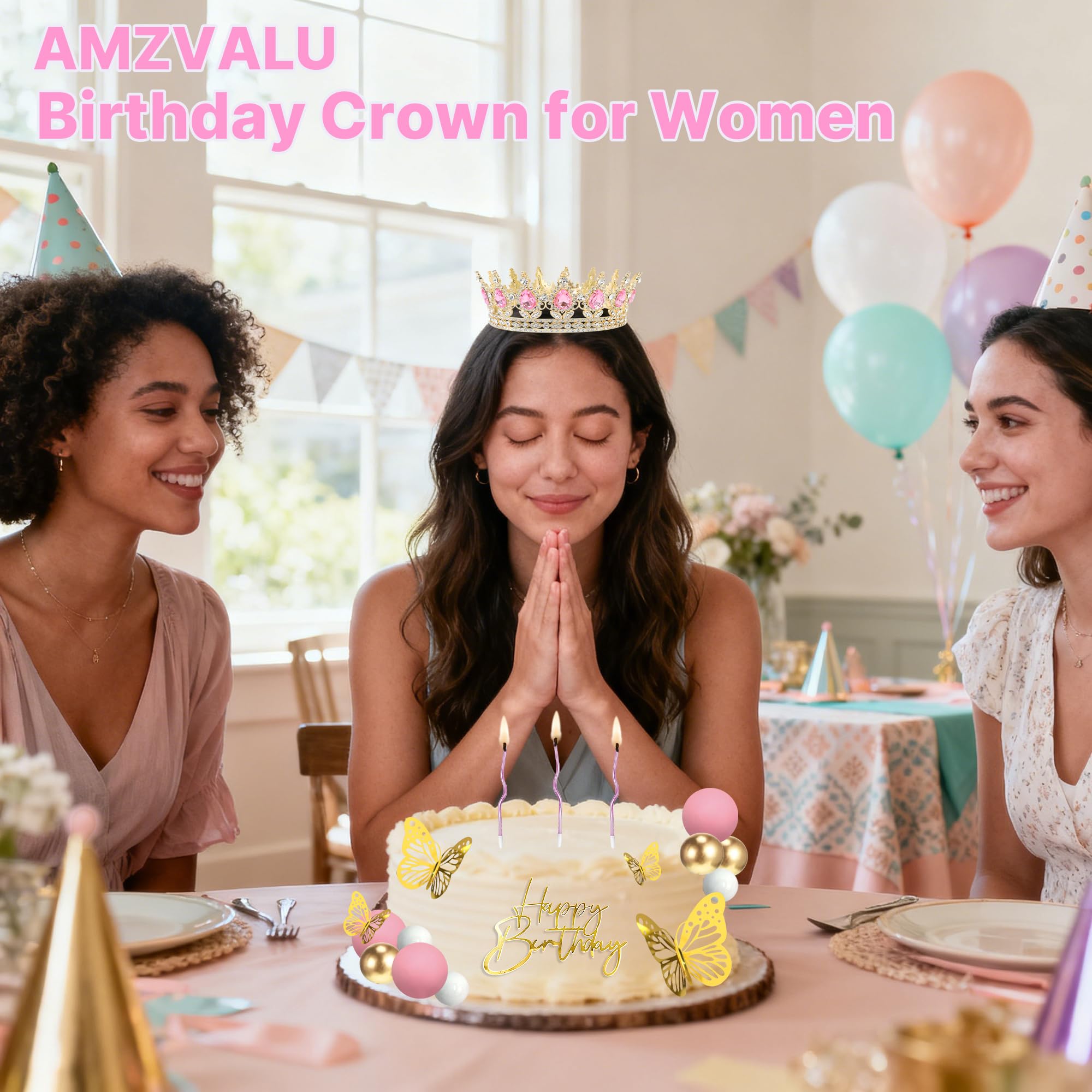 AMZVALU Crown Cake Topper Set – Pink & Gold Crown, Balls, Butterflies, Candles for Birthday Cakes