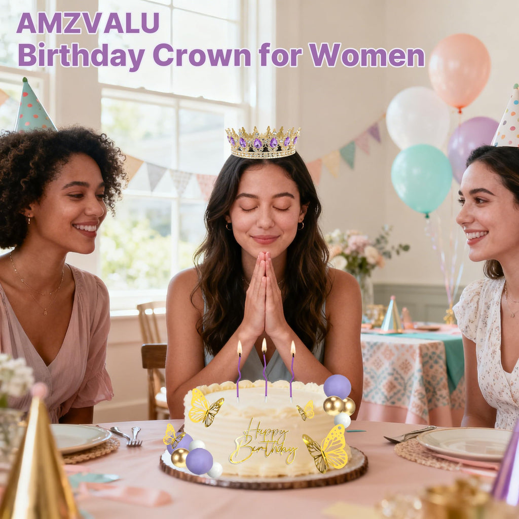 AMZVALU Crown Cake Topper Set – Purple Crown, Gold Butterflies & Ball Toppers for Birthdays & Weddings