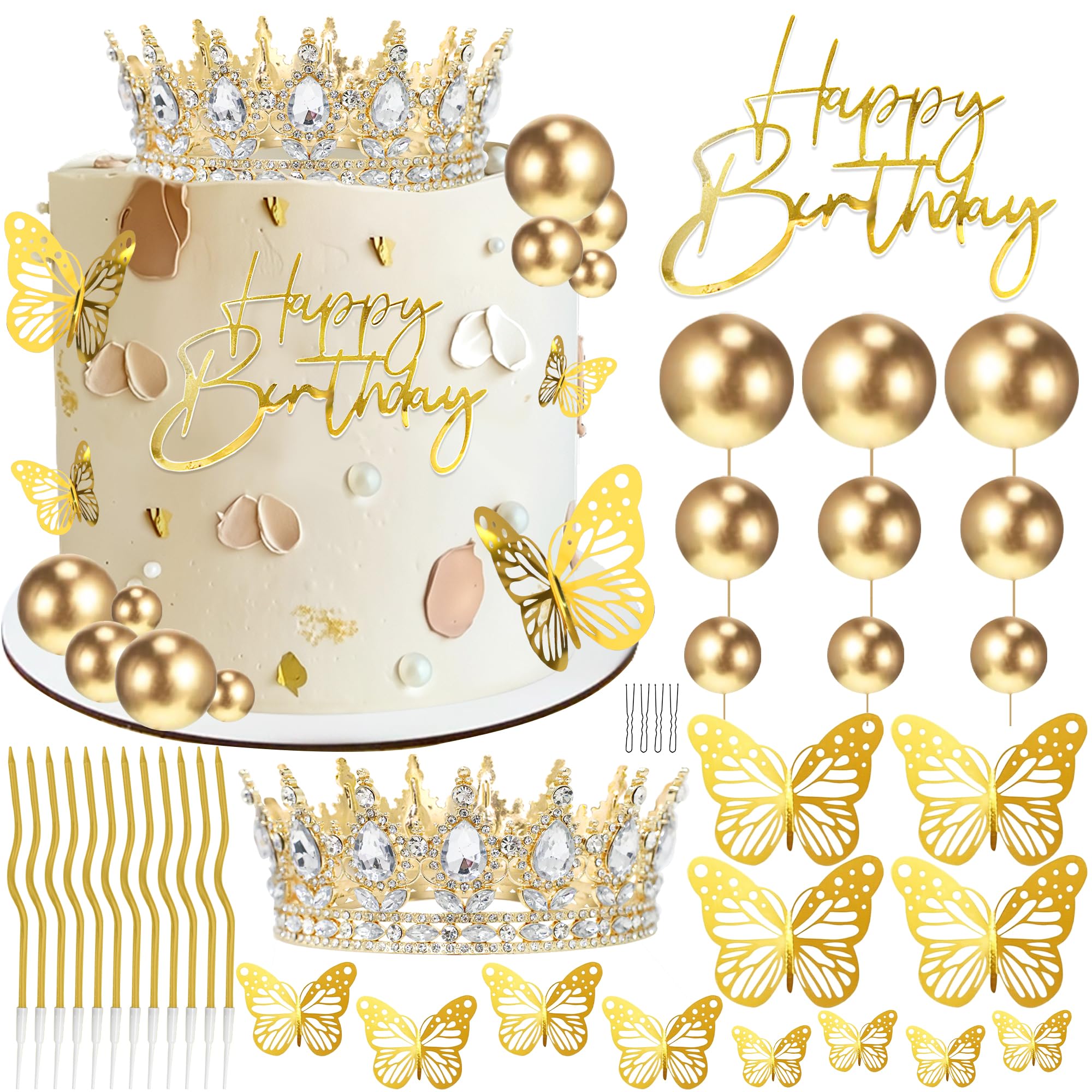 AMZVALU Crown Cake Topper Set — Gold Crown, Balls, Butterflies & Candles