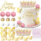 AMZVALU Crown Cake Topper Set – Pink & Gold Crown, Balls, Butterflies, Candles for Birthday Cakes