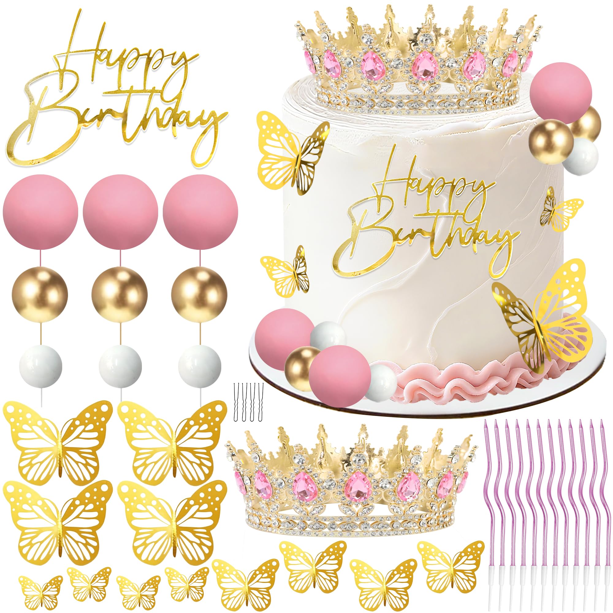 AMZVALU Crown Cake Topper Set – Pink & Gold Crown, Balls, Butterflies, Candles for Birthday Cakes