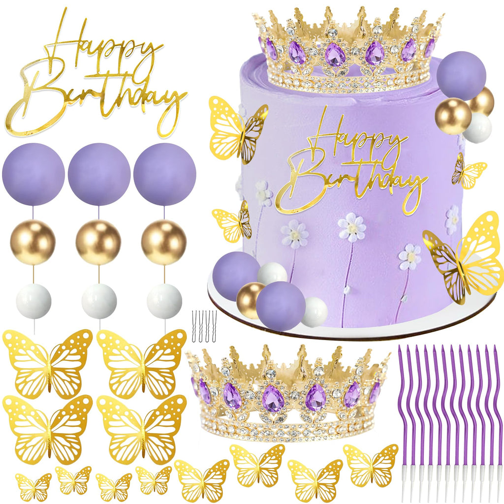 AMZVALU Crown Cake Topper Set – Purple Crown, Gold Butterflies & Ball Toppers for Birthdays & Weddings