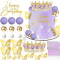 AMZVALU Crown Cake Topper Set – Purple Crown, Gold Butterflies & Ball Toppers for Birthdays & Weddings