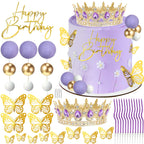 AMZVALU Crown Cake Topper Set – Purple Crown, Gold Butterflies & Ball Toppers for Birthdays & Weddings