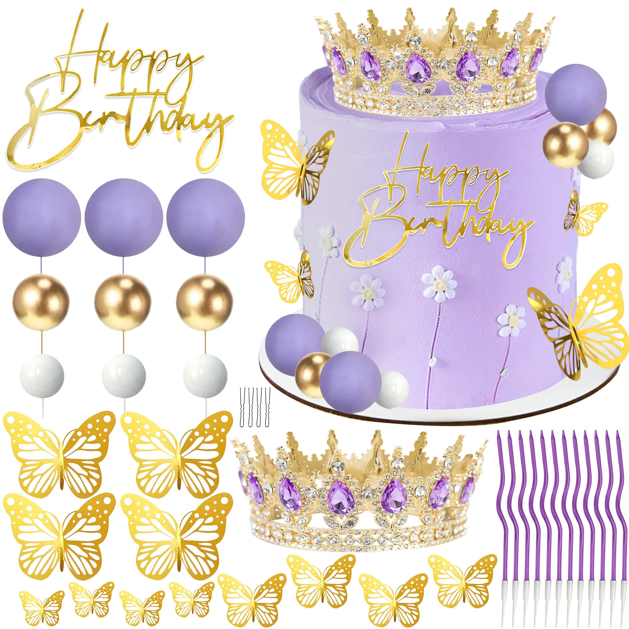 AMZVALU Crown Cake Topper Set – Purple Crown, Gold Butterflies & Ball Toppers for Birthdays & Weddings