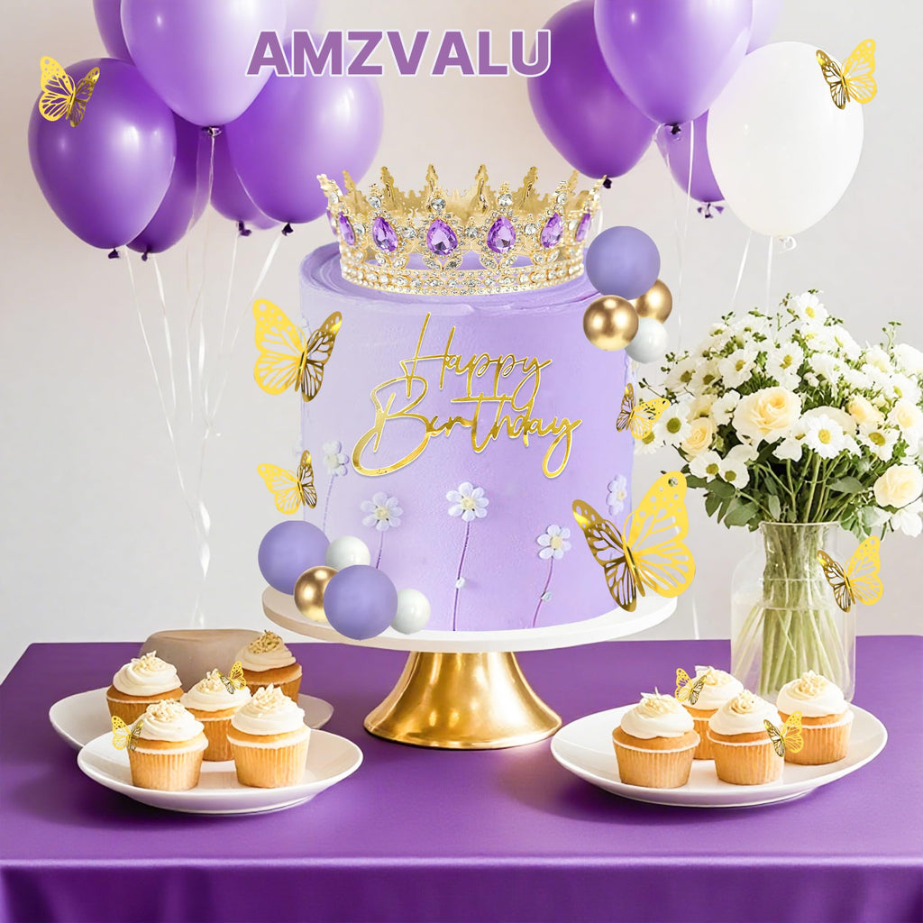 AMZVALU Crown Cake Topper Set – Purple Crown, Gold Butterflies & Ball Toppers for Birthdays & Weddings