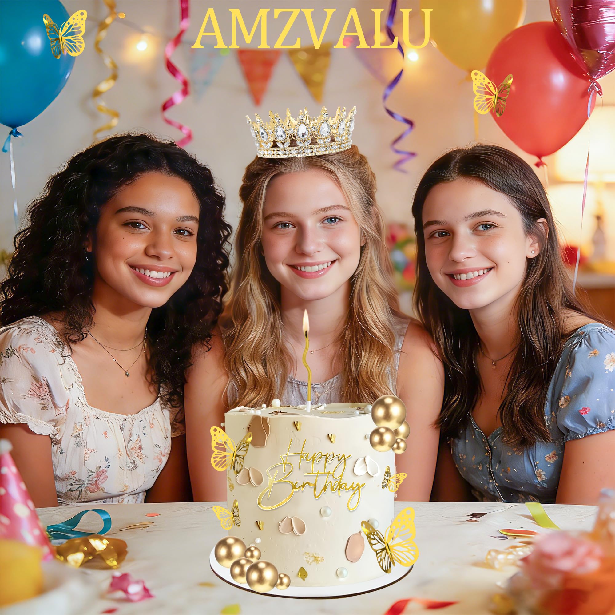 AMZVALU Crown Cake Topper Set — Gold Crown, Balls, Butterflies & Candles