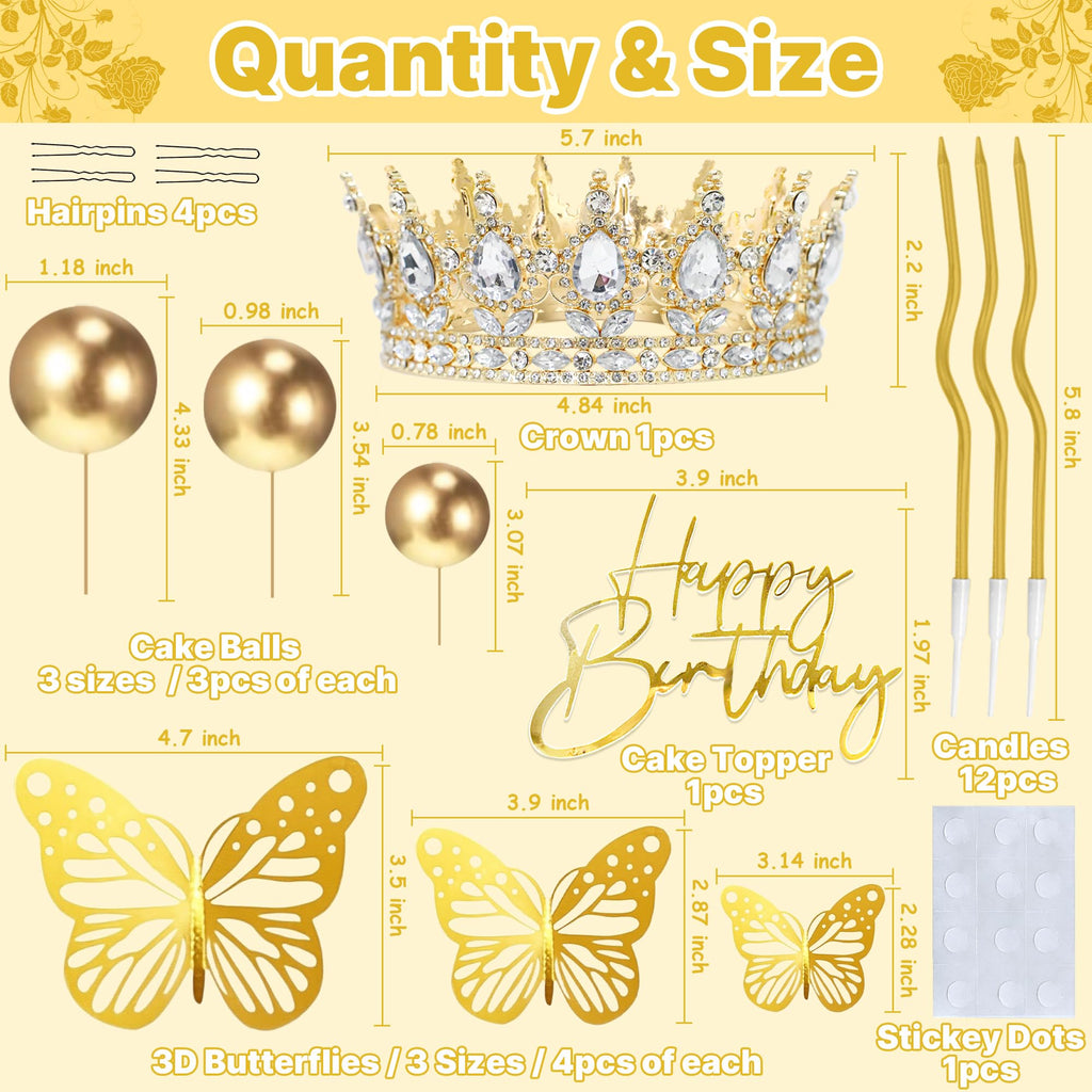 AMZVALU Crown Cake Topper Set — Gold Crown, Balls, Butterflies & Candles