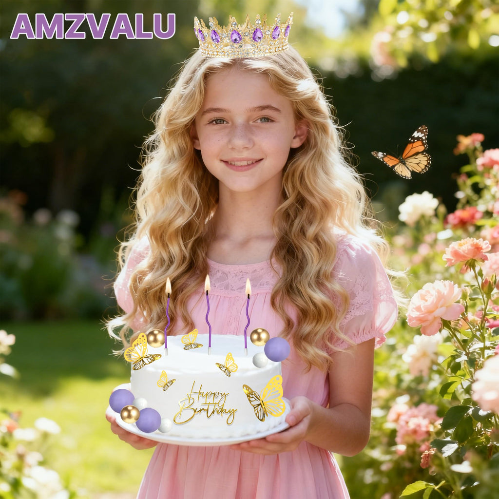 AMZVALU Crown Cake Topper Set – Purple Crown, Gold Butterflies & Ball Toppers for Birthdays & Weddings