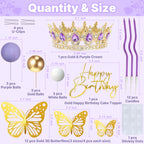 AMZVALU Crown Cake Topper Set – Purple Crown, Gold Butterflies & Ball Toppers for Birthdays & Weddings