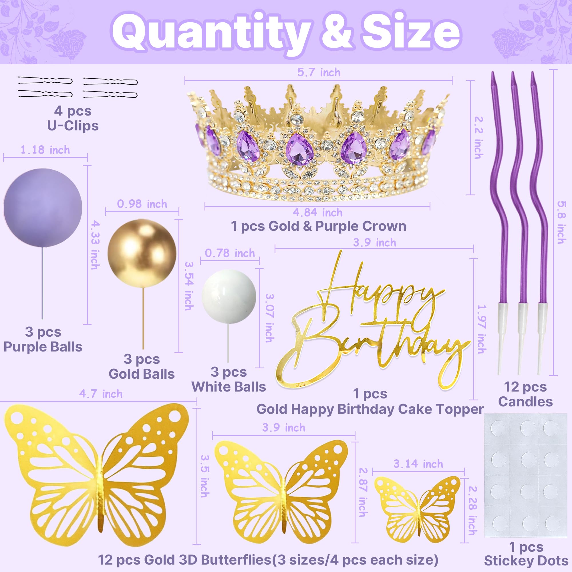 AMZVALU Crown Cake Topper Set – Purple Crown, Gold Butterflies & Ball Toppers for Birthdays & Weddings