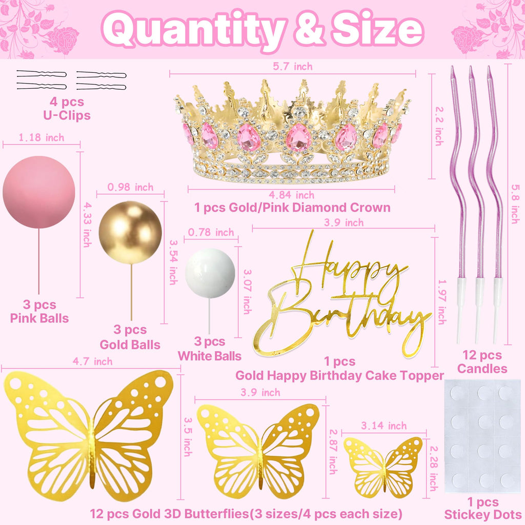 AMZVALU Crown Cake Topper Set – Pink & Gold Crown, Balls, Butterflies, Candles for Birthday Cakes