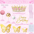 AMZVALU Crown Cake Topper Set – Pink & Gold Crown, Balls, Butterflies, Candles for Birthday Cakes