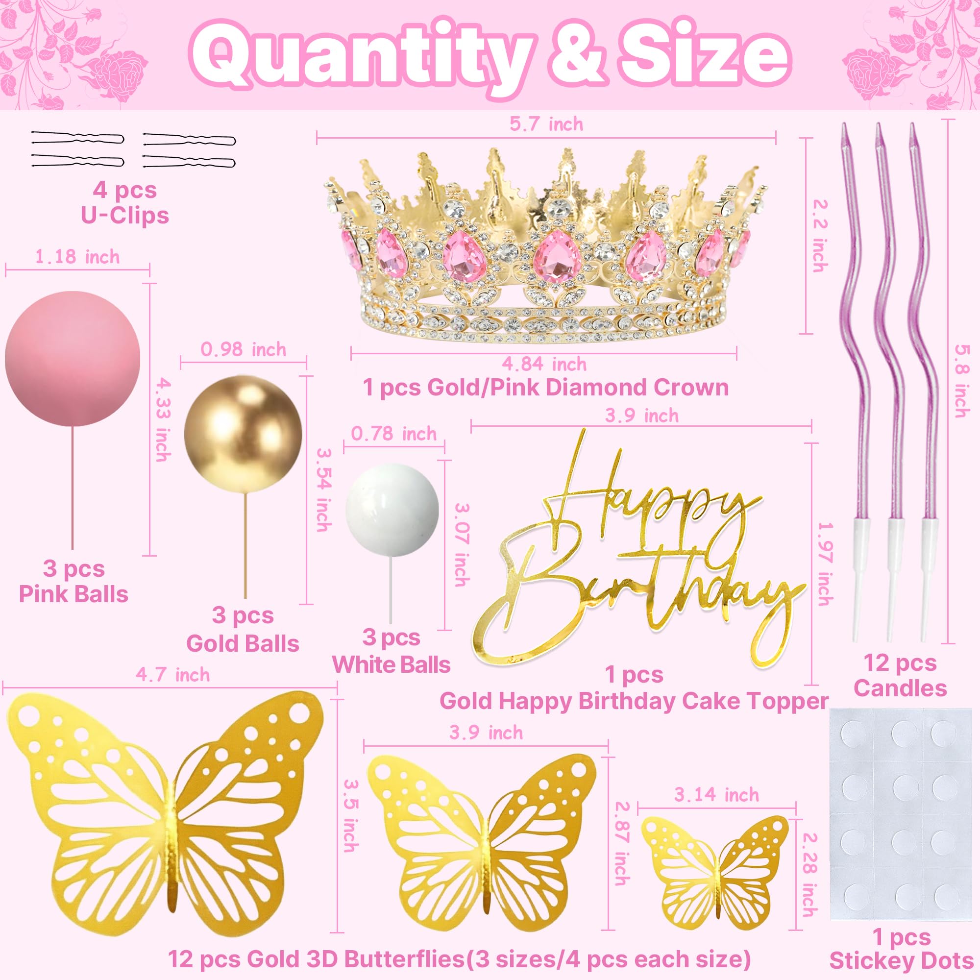 AMZVALU Crown Cake Topper Set – Pink & Gold Crown, Balls, Butterflies, Candles for Birthday Cakes