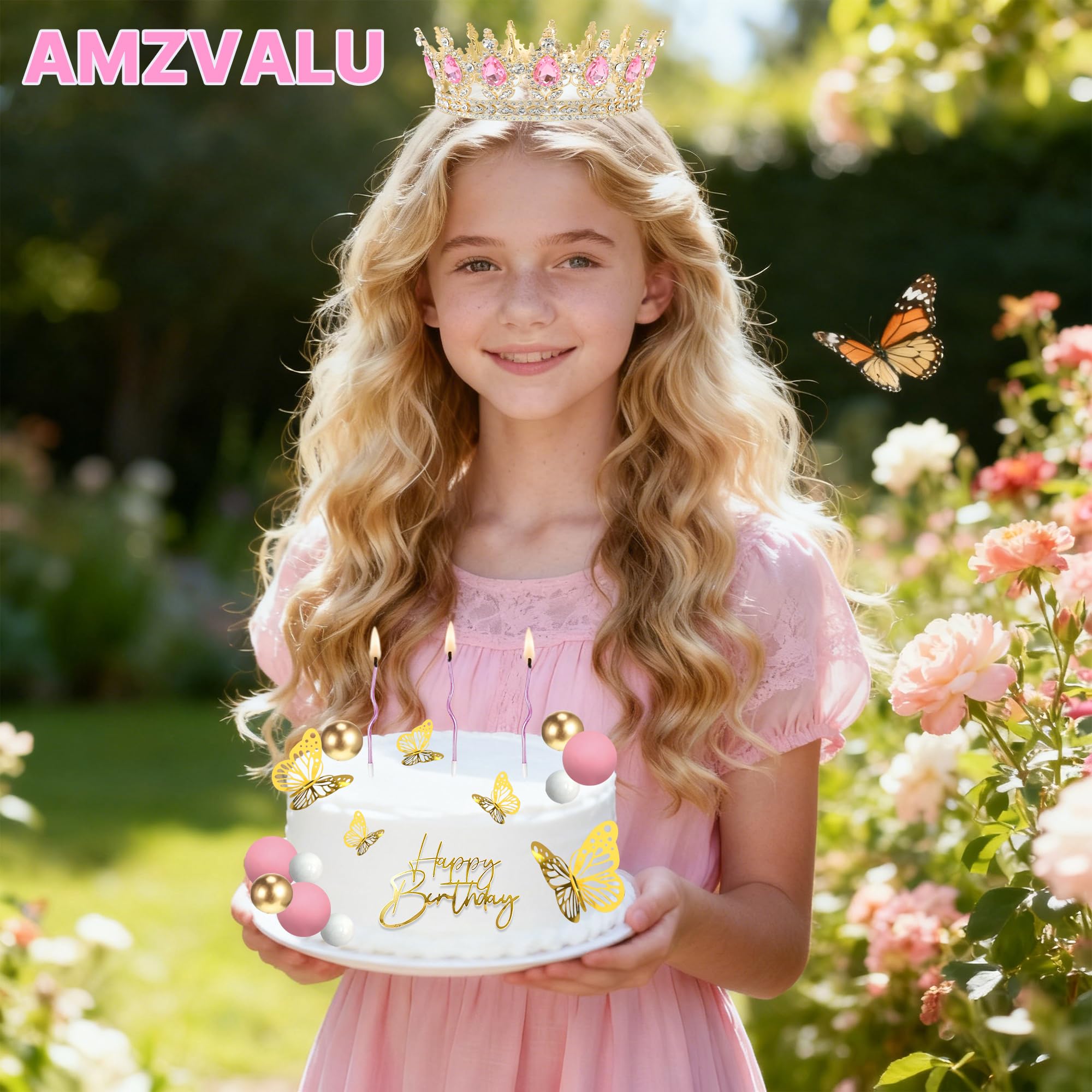 AMZVALU Crown Cake Topper Set – Pink & Gold Crown, Balls, Butterflies, Candles for Birthday Cakes