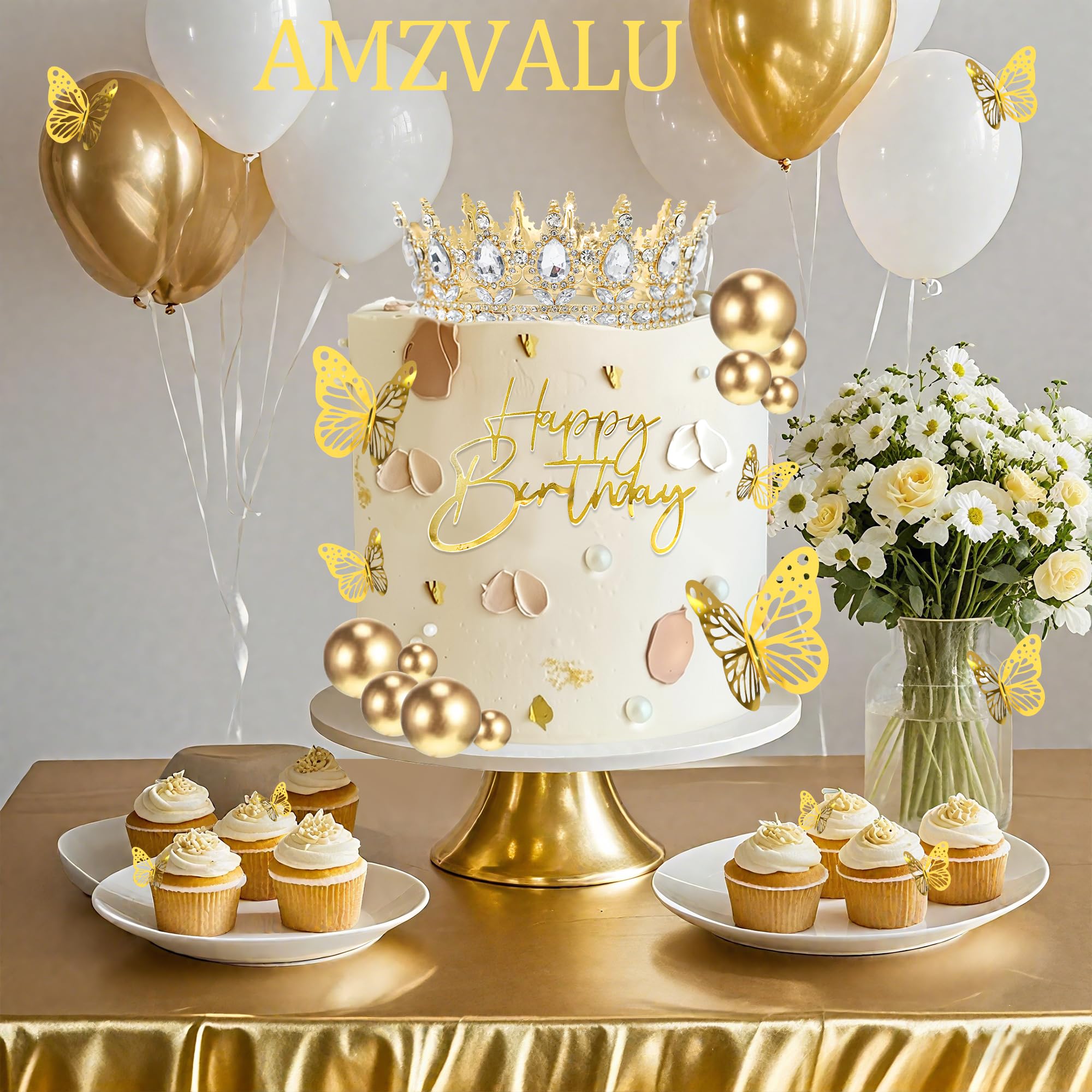AMZVALU Crown Cake Topper Set — Gold Crown, Balls, Butterflies & Candles