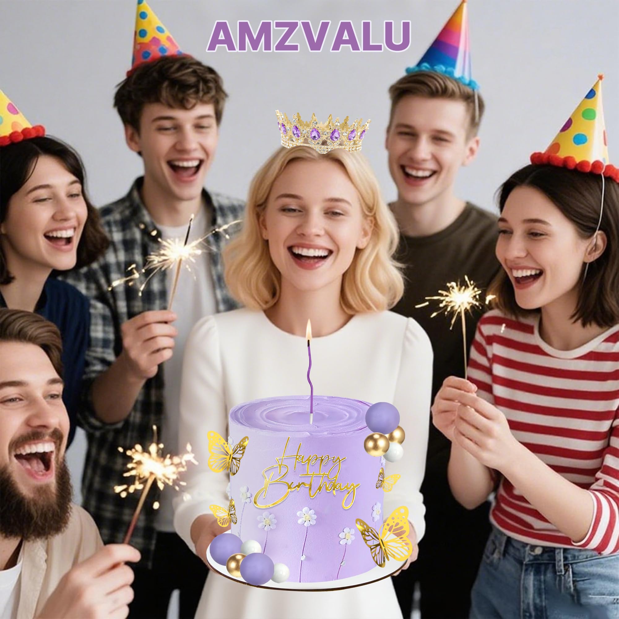 AMZVALU Crown Cake Topper Set – Purple Crown, Gold Butterflies & Ball Toppers for Birthdays & Weddings