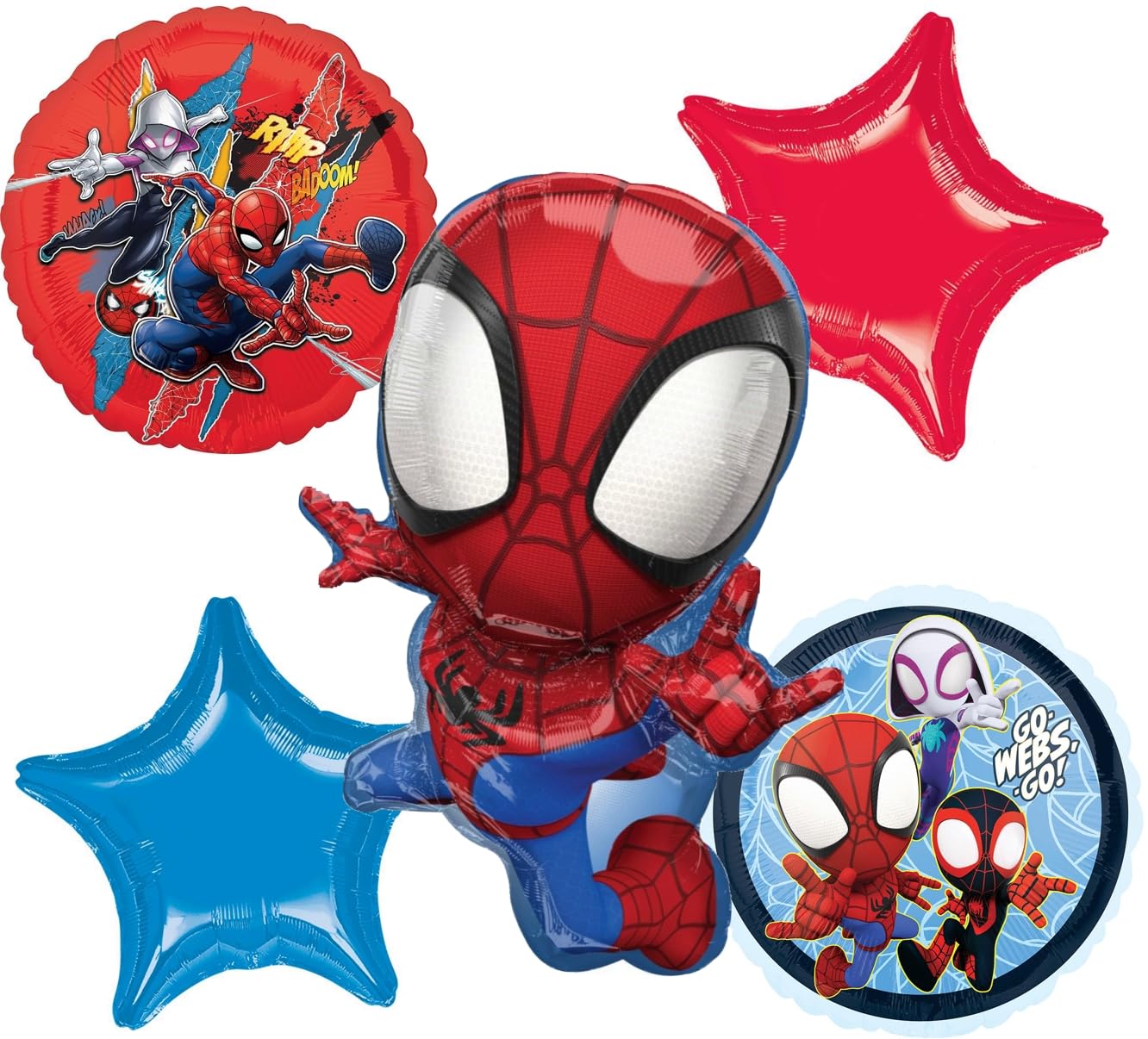 Anagram Spidey and His Amazing Friends Birthday Balloon Bouquet – 29in Spidey, 17in Spidey, 18in Star Balloons
