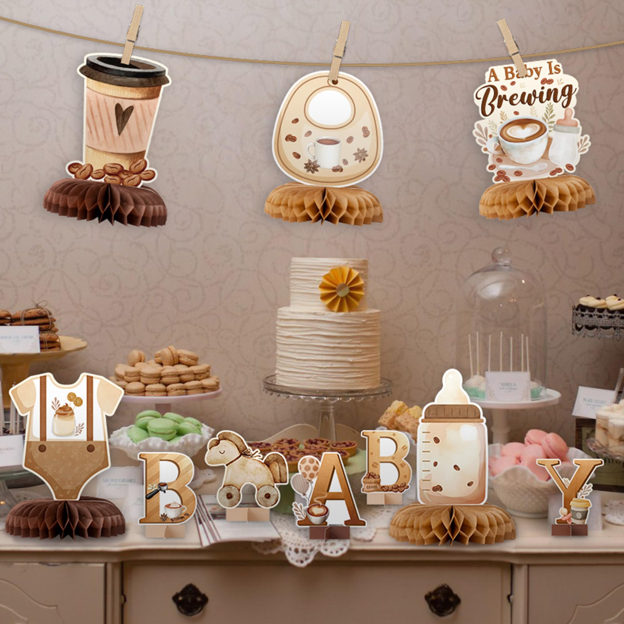 ANGOLIO 12 Pieces Coffee Baby Shower Honeycomb Centerpieces – Coffee Theme Party Decor & Photo Props
