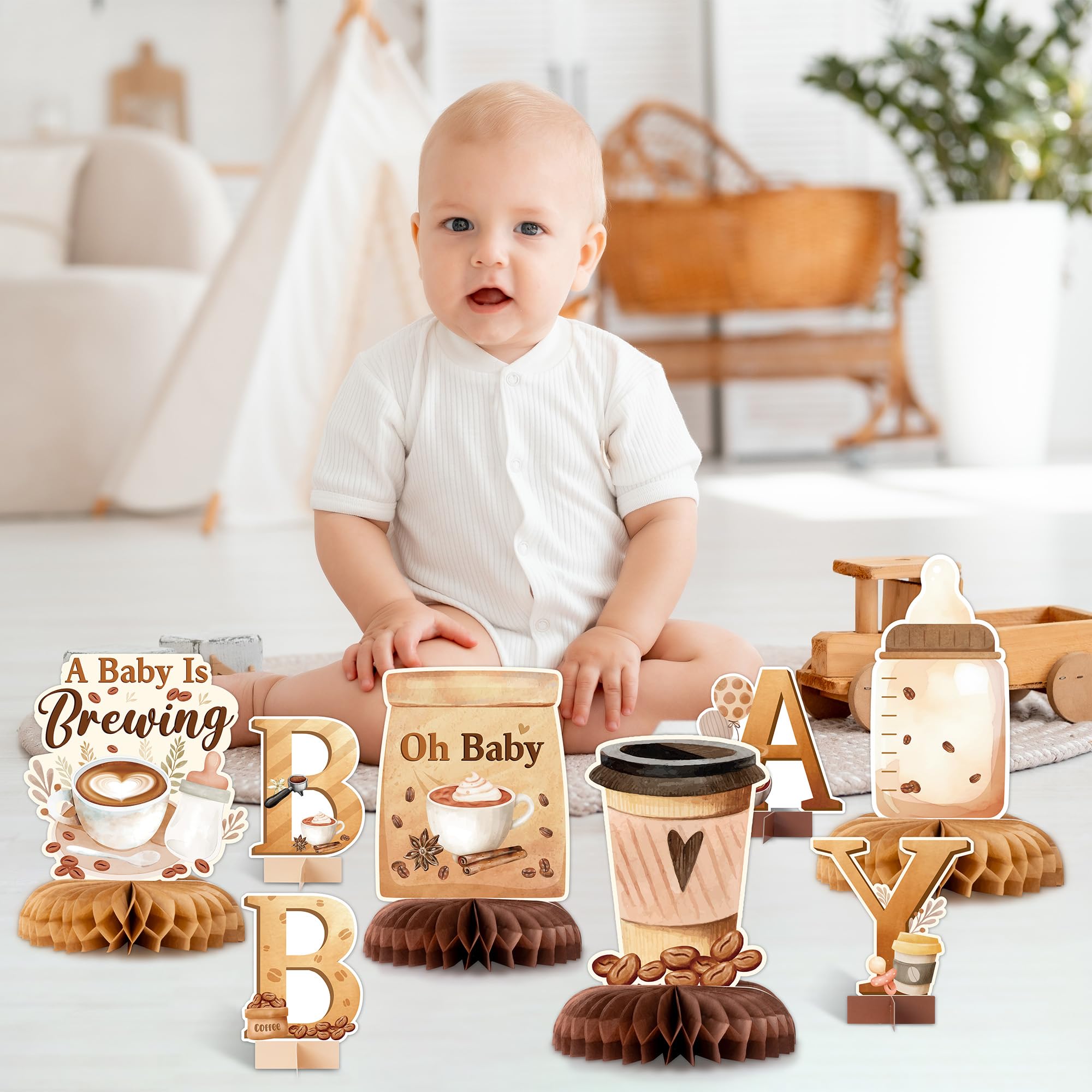 ANGOLIO 12 Pieces Coffee Baby Shower Honeycomb Centerpieces – Coffee Theme Party Decor & Photo Props