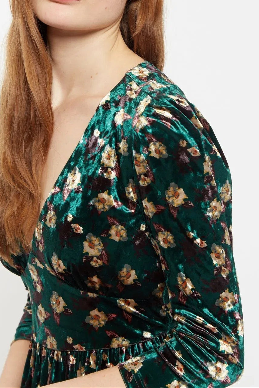 Louche Annalise Paintbrush Print Velvet V Neck Mini Dress