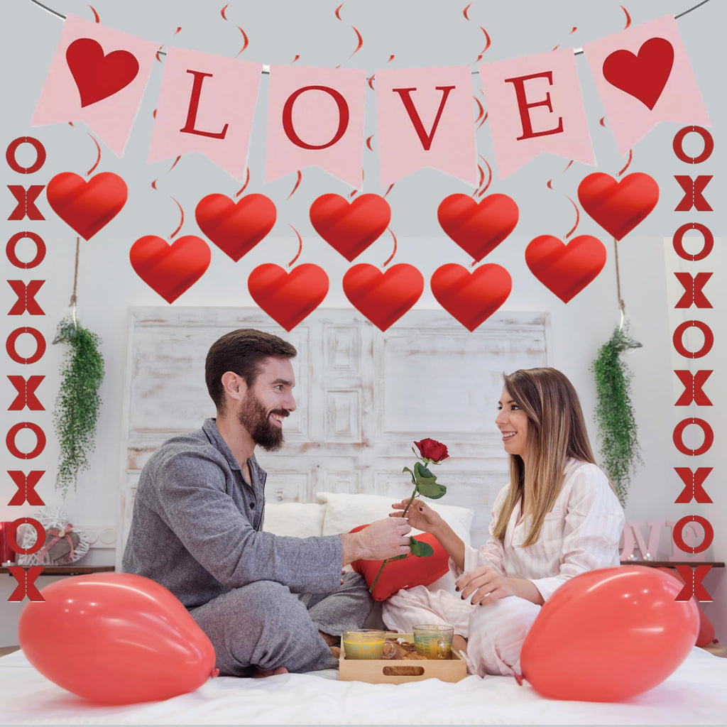 Ansoufien Valentine’s Day Decorations Set – LOVE Banner, XO & Heart Garlands, Paper Fans