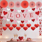 Ansoufien Valentine’s Day Decorations Set – LOVE Banner, XO & Heart Garlands, Paper Fans