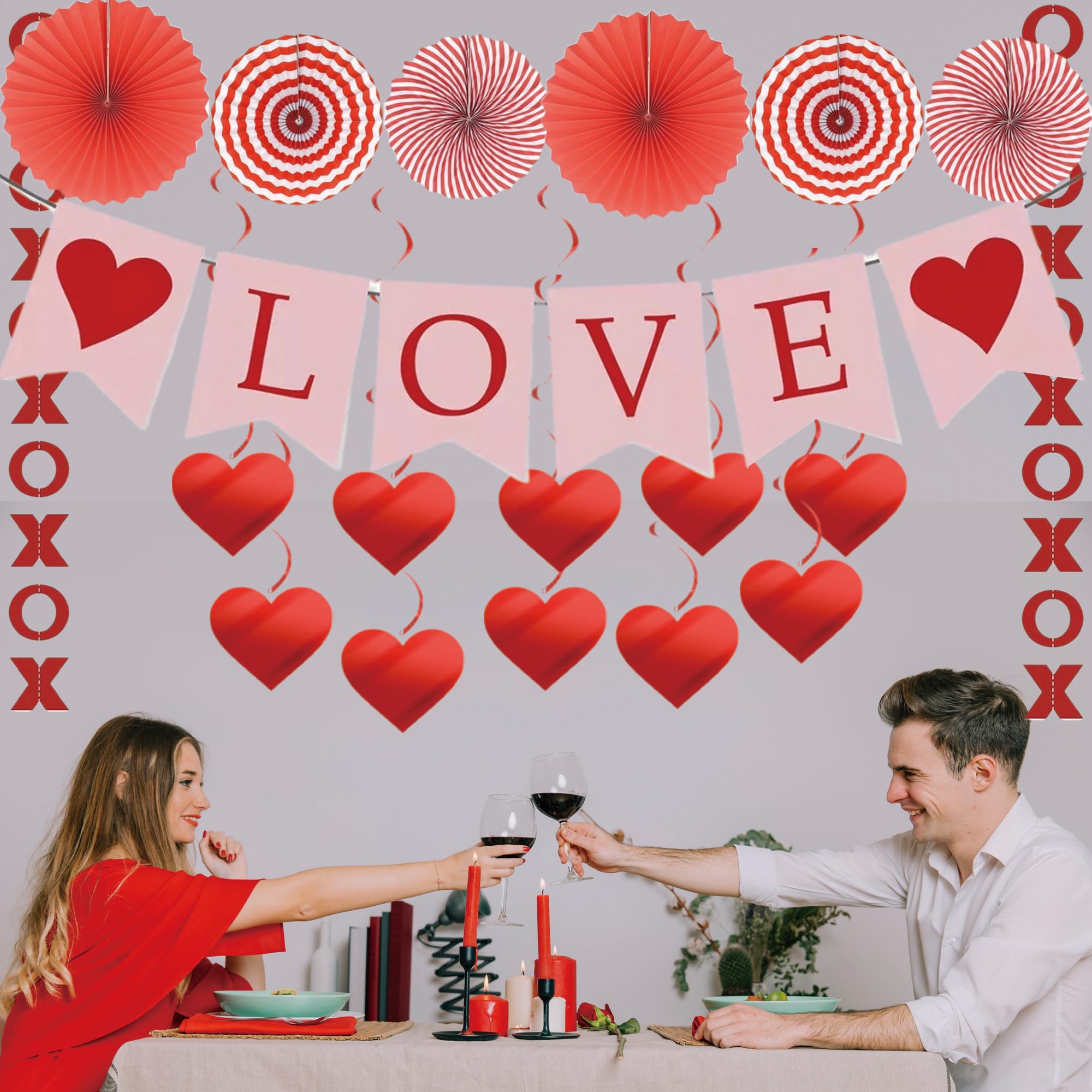 Ansoufien Valentine’s Day Decorations Set – LOVE Banner, XO & Heart Garlands, Paper Fans