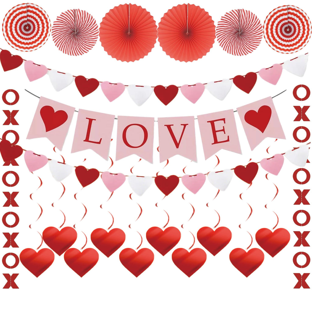 Ansoufien Valentine’s Day Decorations Set – LOVE Banner, XO & Heart Garlands, Paper Fans