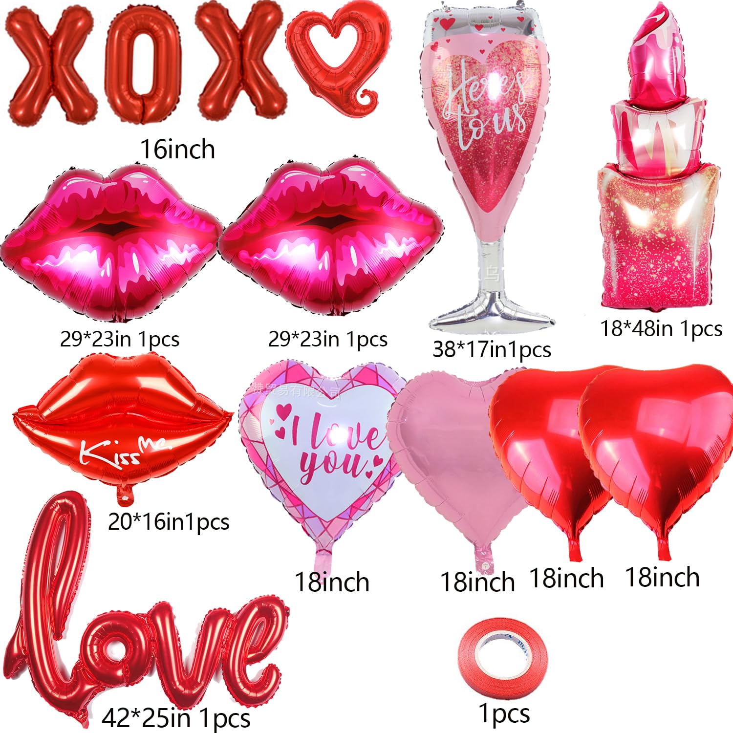ANYMONYPF Valentines Day Foil Balloons Kit – Lips, Lipstick, Hearts, and XOXO for Romantic Decor