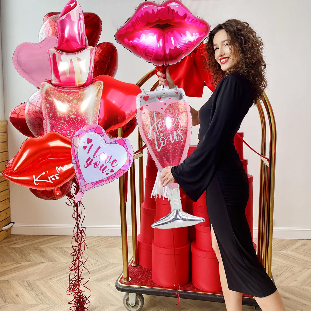 ANYMONYPF Valentines Day Foil Balloons Kit – Lips, Lipstick, Hearts, and XOXO for Romantic Decor