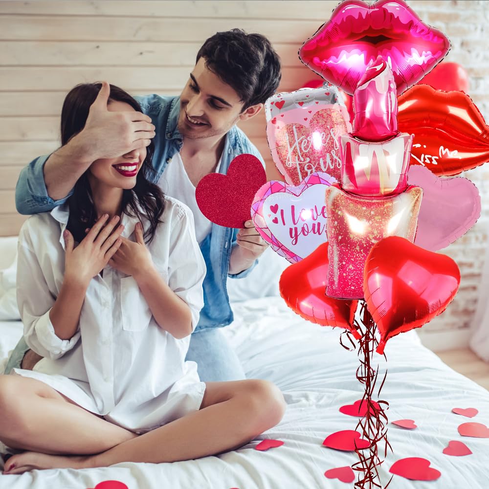ANYMONYPF Valentines Day Foil Balloons Kit – Lips, Lipstick, Hearts, and XOXO for Romantic Decor