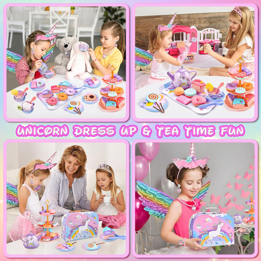 Aojieni Tea Party Set for Little Girls – 63-Piece Unicorn Dress-Up Tea Time