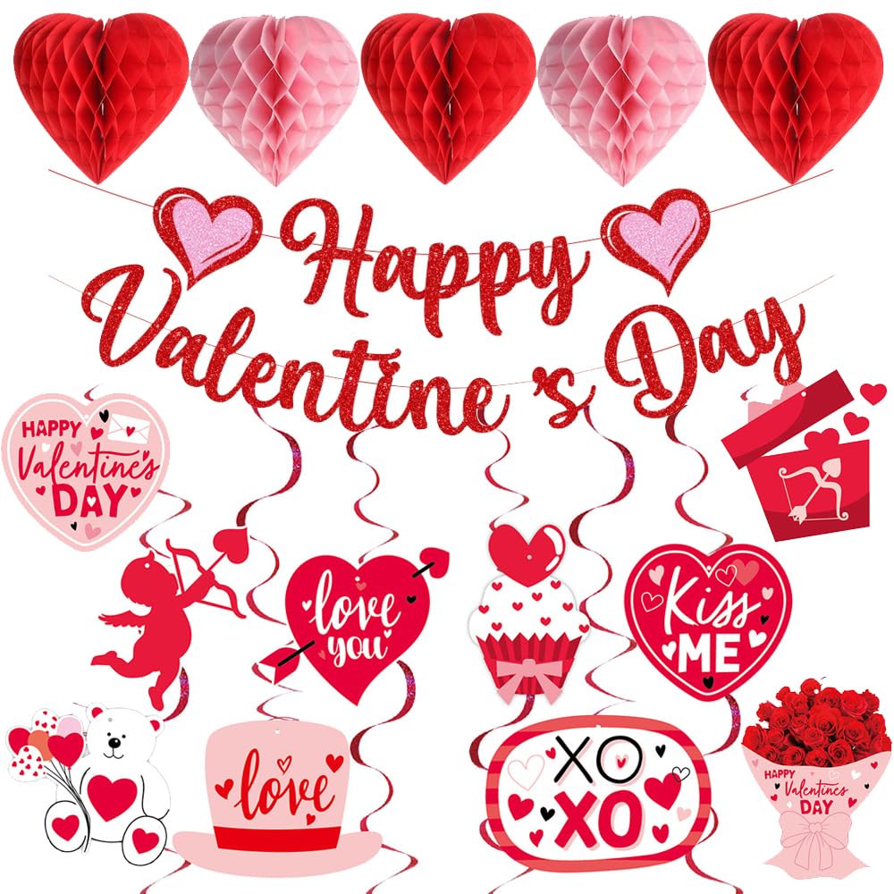 Aolime Valentines Day Banner Glitter – Heart Honeycomb & Swirl Decor Kit