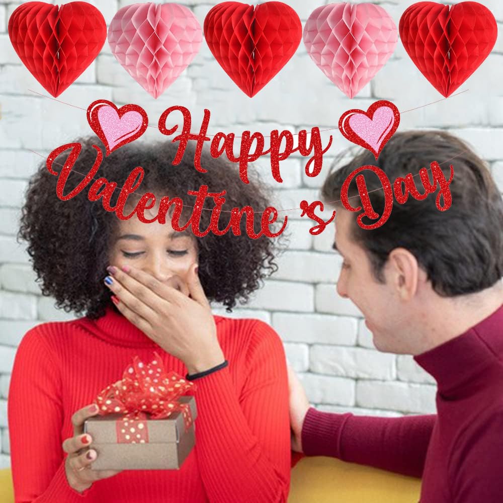 Aolime Valentines Day Banner Glitter – Heart Honeycomb & Swirl Decor Kit