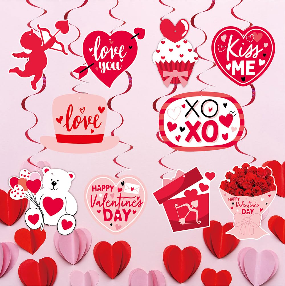 Aolime Valentines Day Banner Glitter – Heart Honeycomb & Swirl Decor Kit