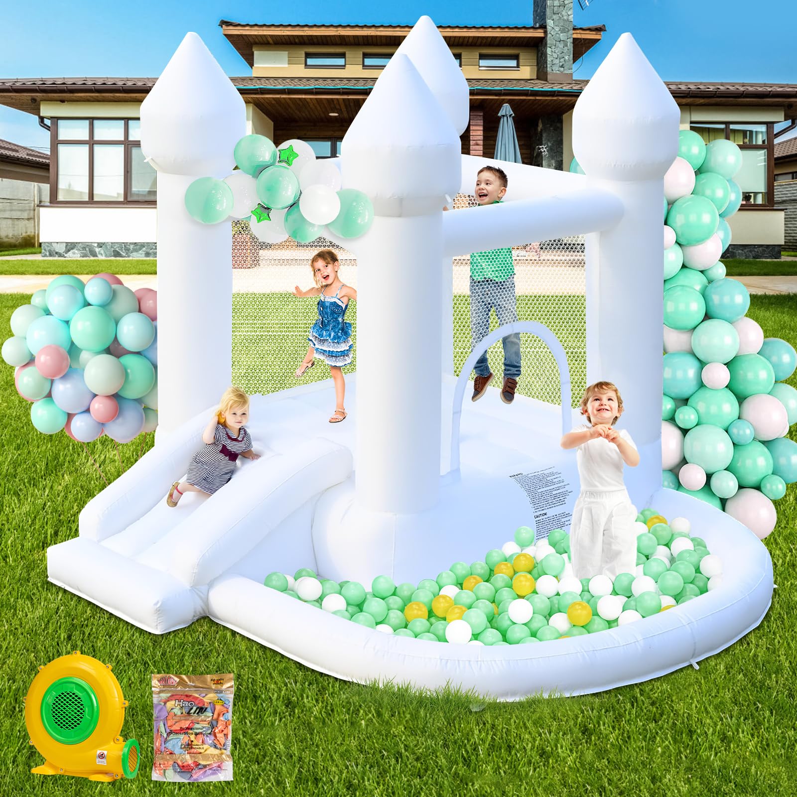 AONESY White Bounce House — Indoor/Outdoor Inflatable with Ball Pit & Slide