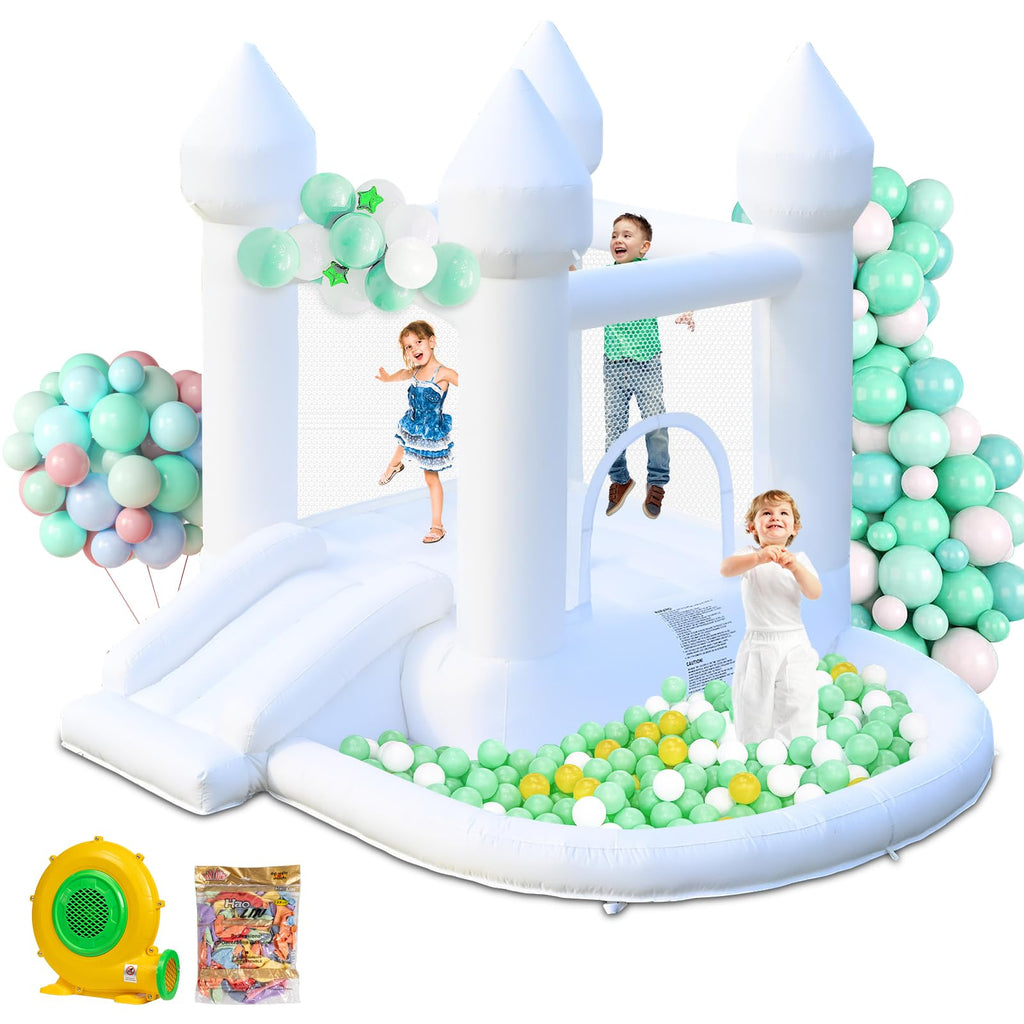 AONESY White Bounce House — Indoor/Outdoor Inflatable with Ball Pit & Slide