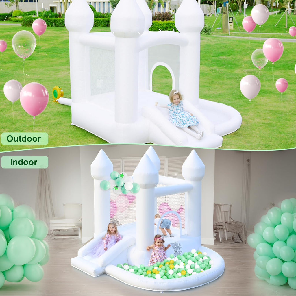 AONESY White Bounce House — Indoor/Outdoor Inflatable with Ball Pit & Slide