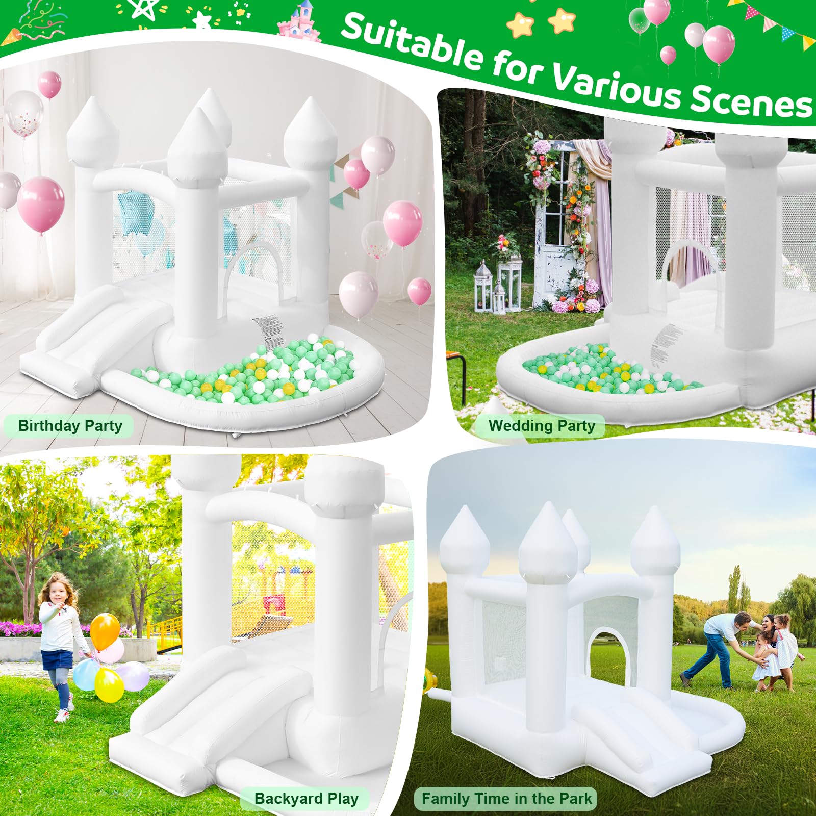 AONESY White Bounce House — Indoor/Outdoor Inflatable with Ball Pit & Slide