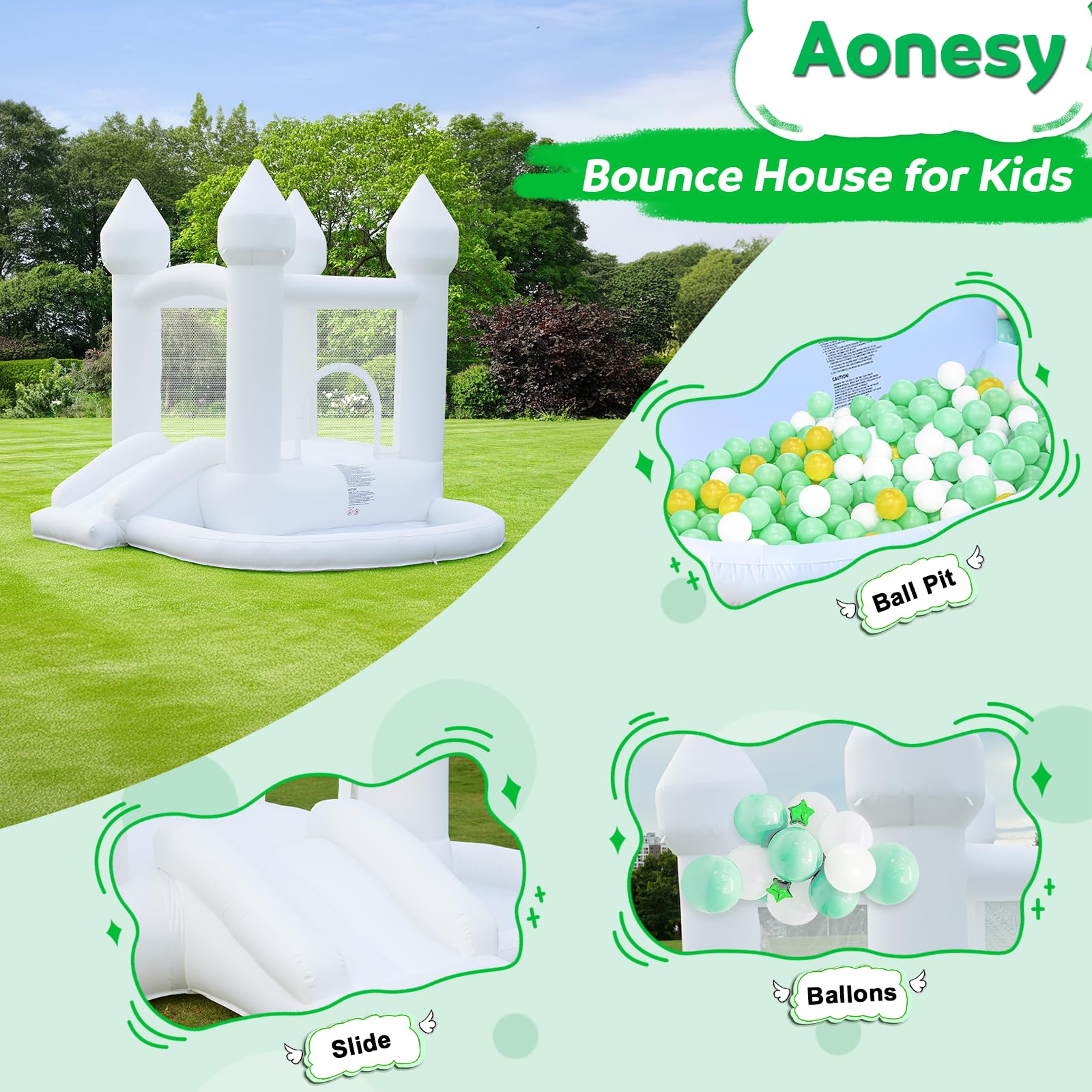 AONESY White Bounce House — Indoor/Outdoor Inflatable with Ball Pit & Slide