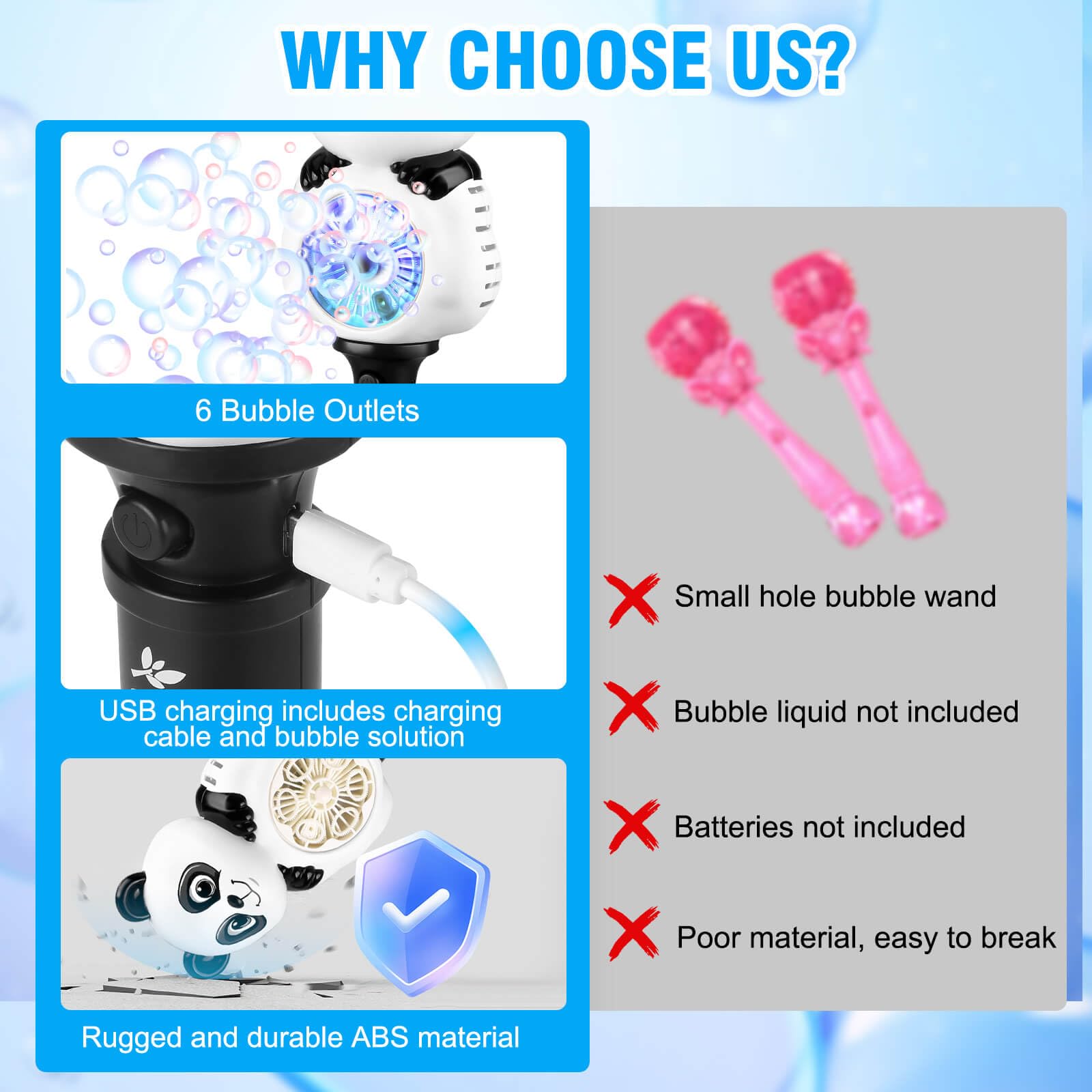 Aooess Panda Bubble Wand – USB Rechargeable Bubble Machine for Kids 4-8, Outdoor Party Toy
