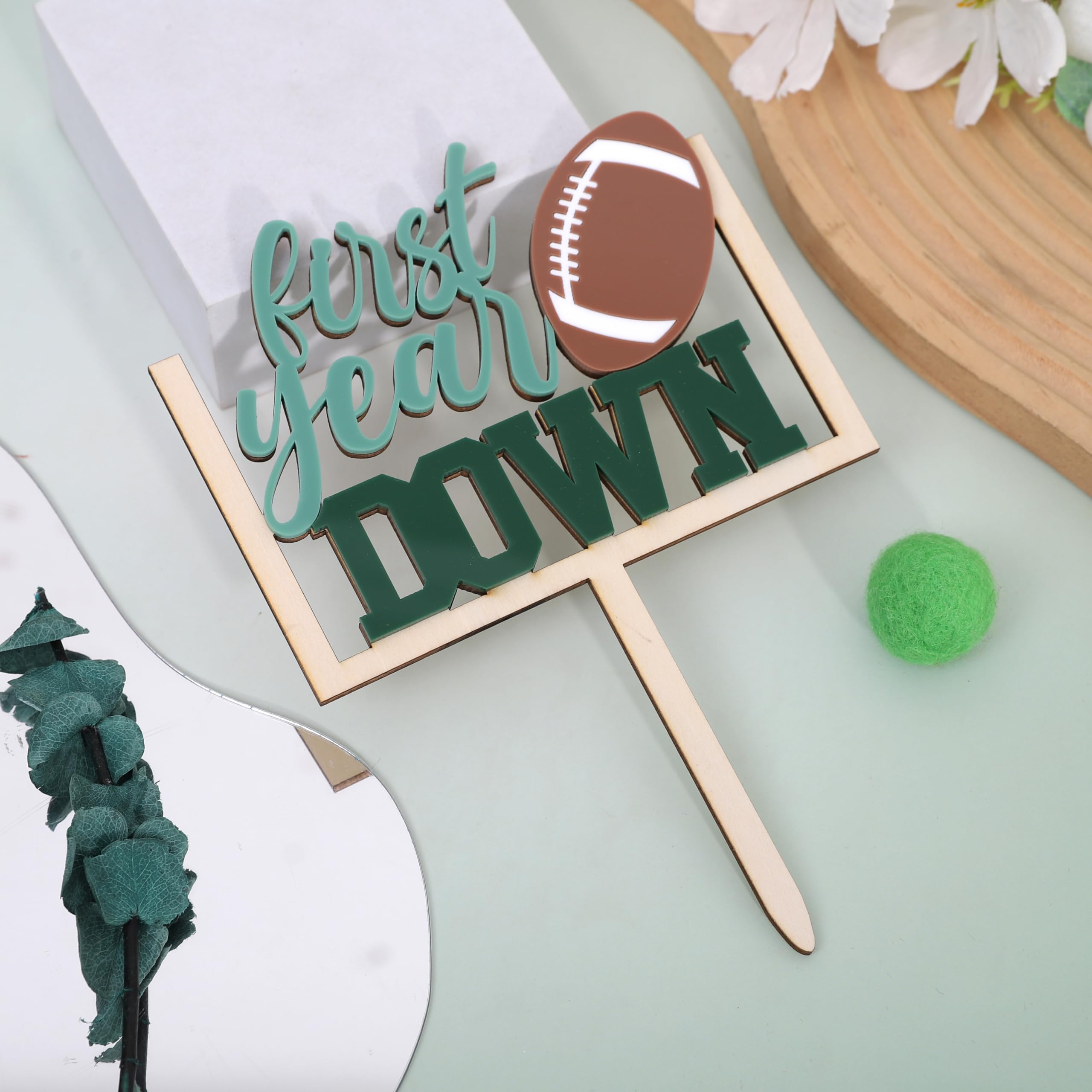 AOQURE Wooden First Year Down Cake Topper – Football 1st Birthday Party Decor