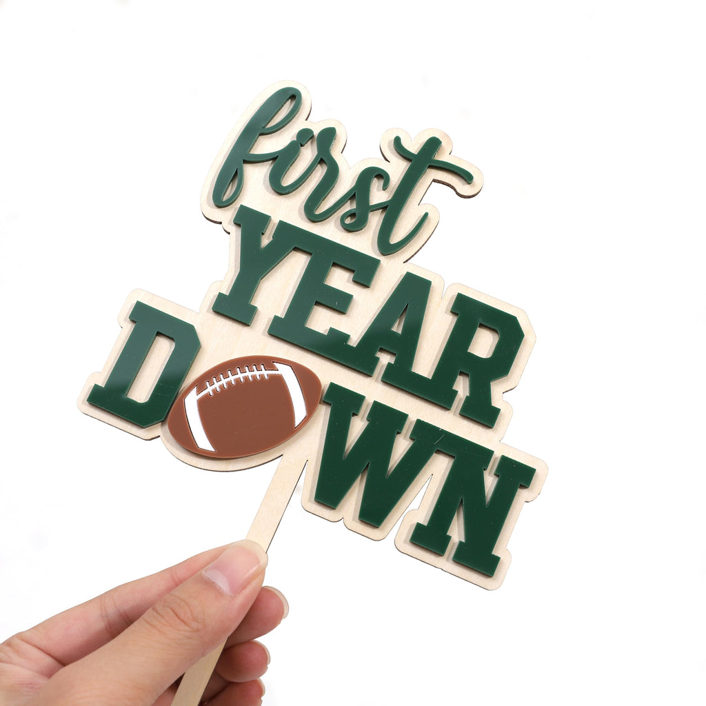 AOQURE Wooden First Year Down Cake Topper – Football 1st Birthday Decor
