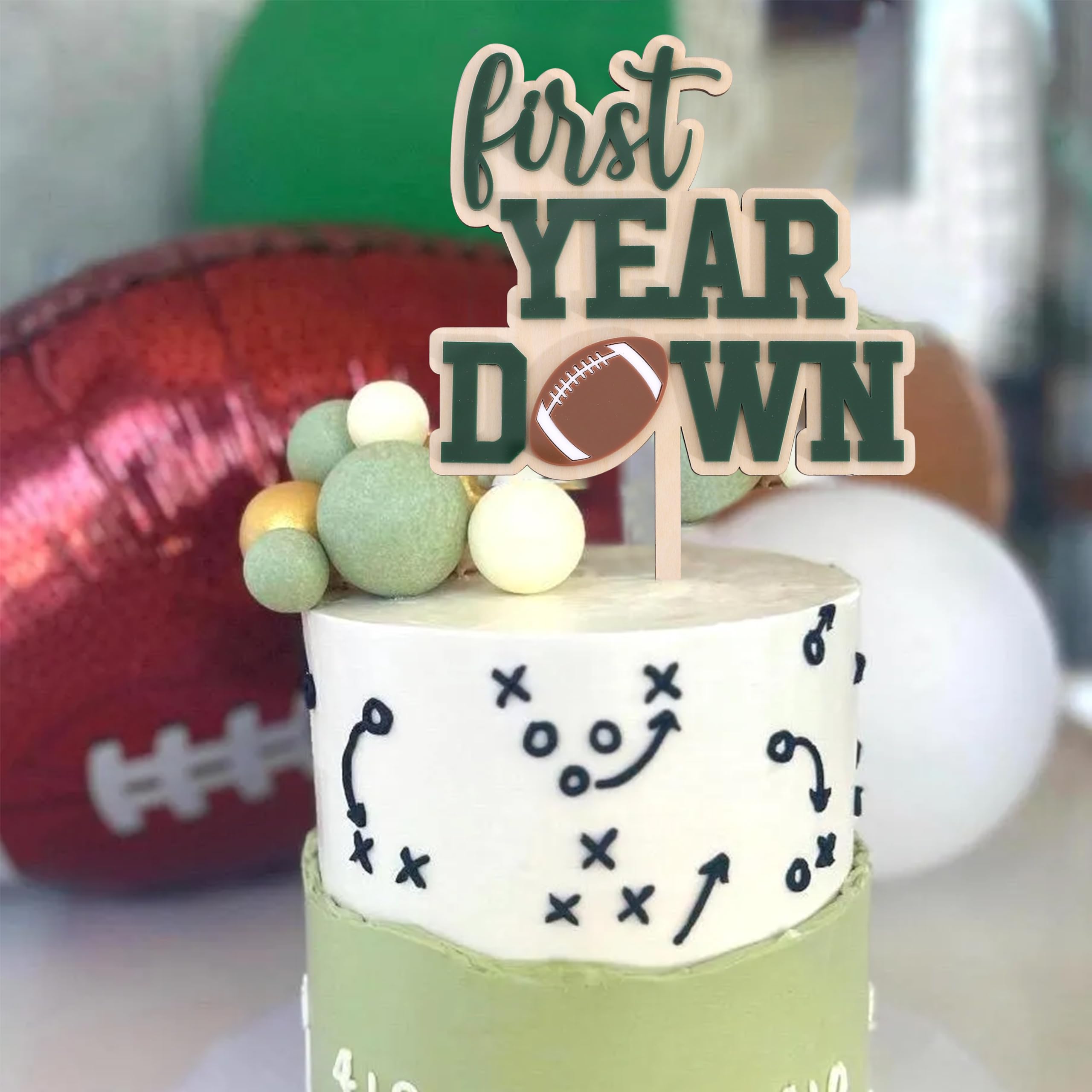 AOQURE Wooden First Year Down Cake Topper – Football 1st Birthday Decor