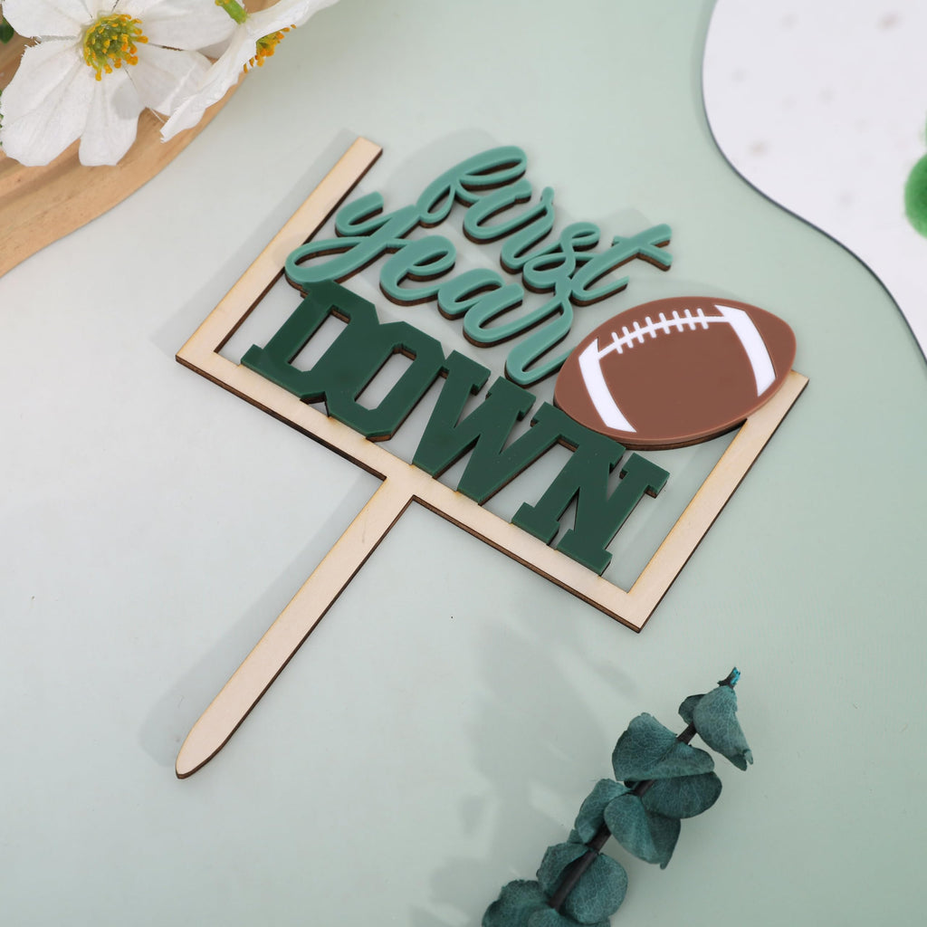 AOQURE Wooden First Year Down Cake Topper – Football 1st Birthday Party Decor