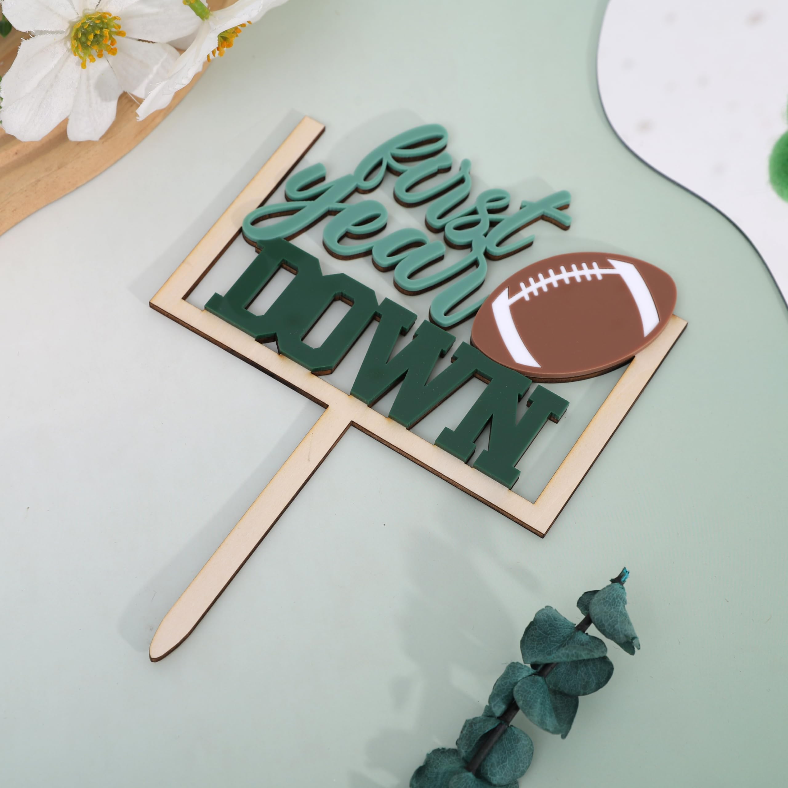 AOQURE Wooden First Year Down Cake Topper – Football 1st Birthday Party Decor