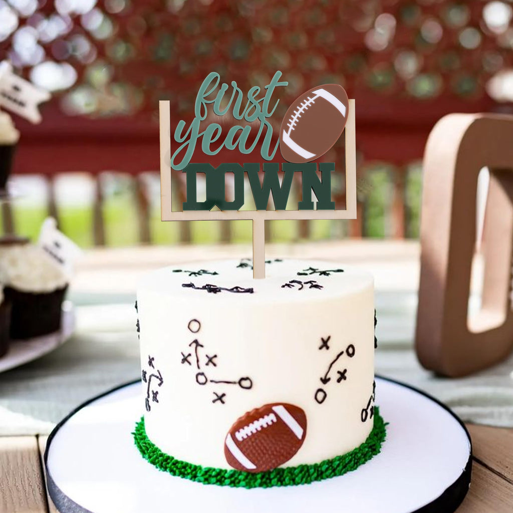 AOQURE Wooden First Year Down Cake Topper – Football 1st Birthday Party Decor